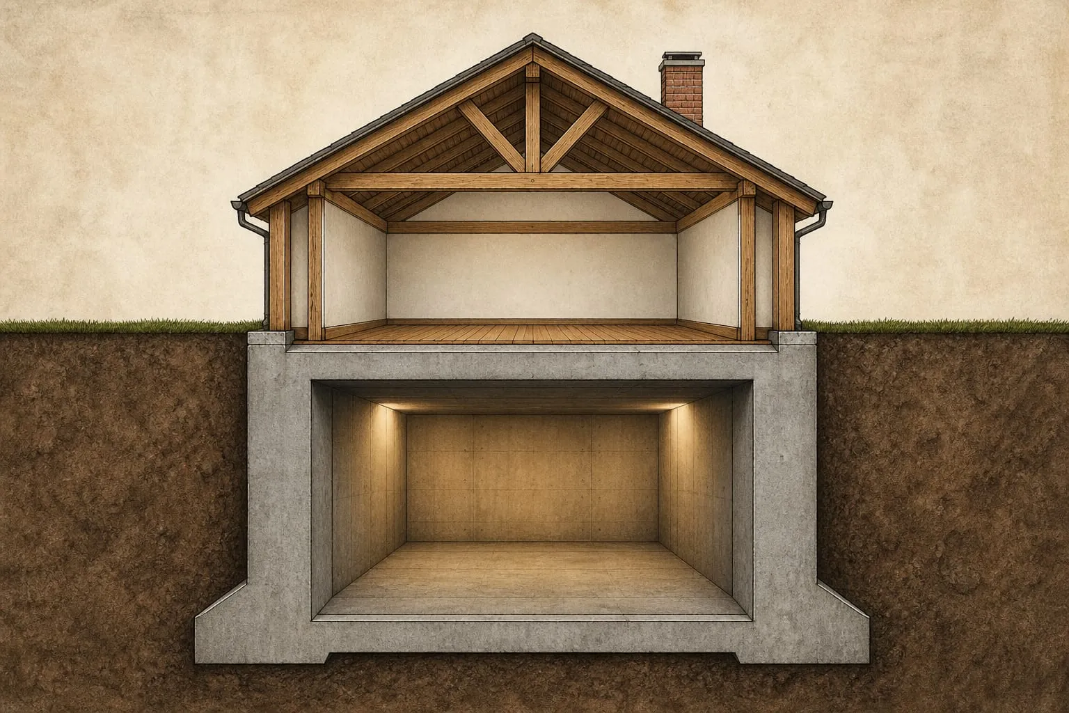 Schéma en coupe d’une maison individuelle révélant un abri en béton armé profondément enterré sous les fondations.