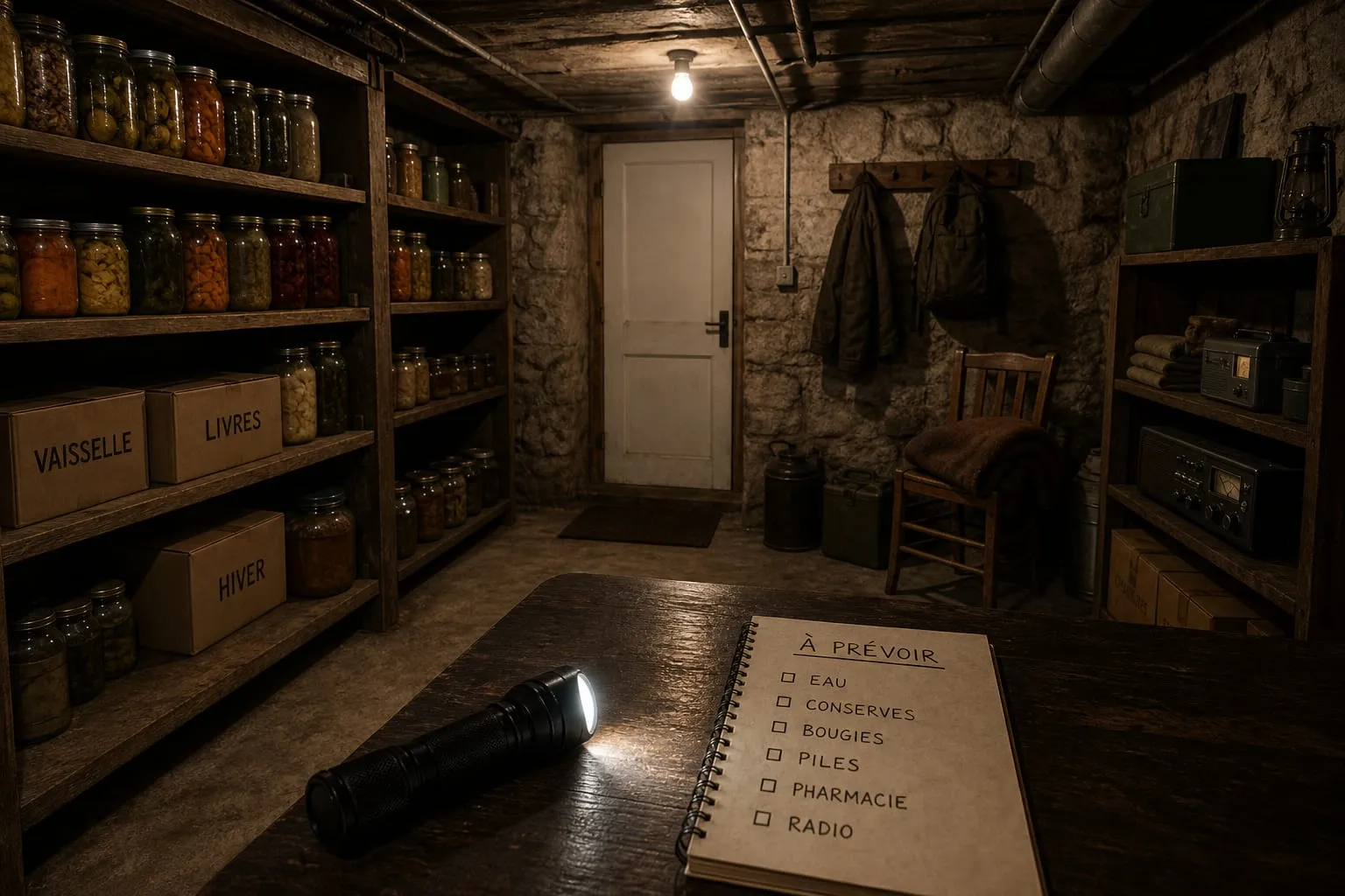 Cave en pierre préparée comme local de confinement : bocaux, cartons étiquetés et carnet « À prévoir » éclairé par une lampe de poche.