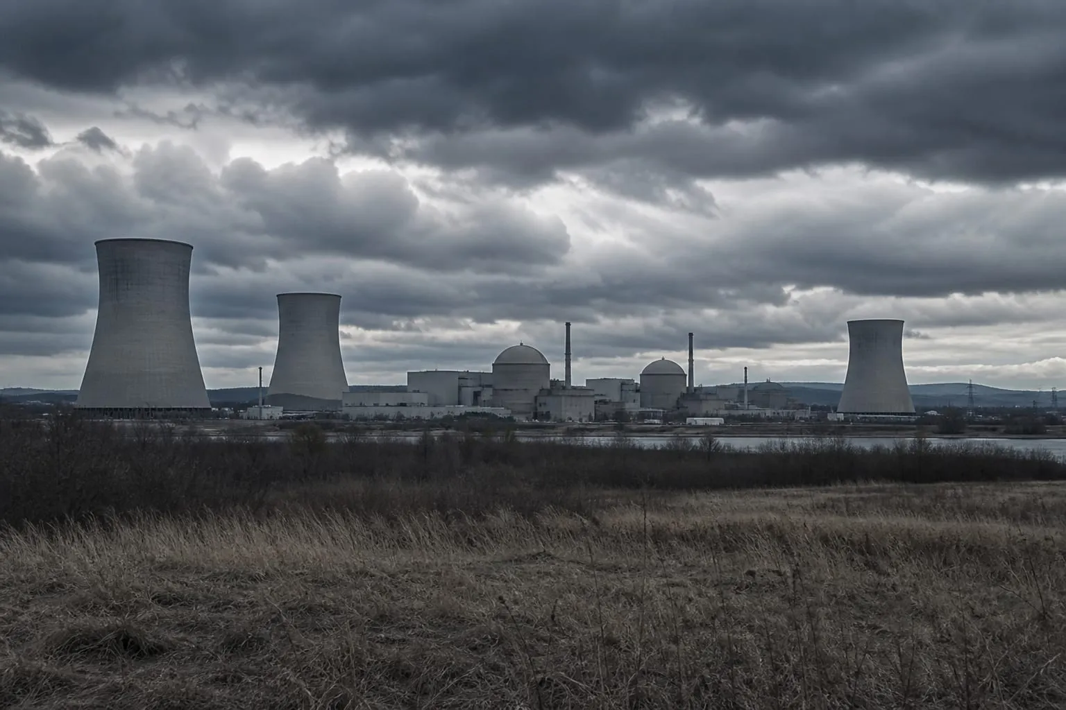 Centrale nucléaire française sous un ciel d’orage, tours de refroidissement et bâtiments industriels, pour distinguer accident d’installation et explosion.