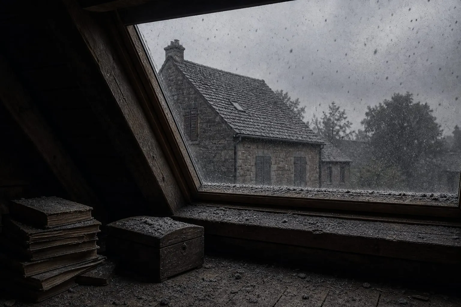 Vue depuis l’intérieur d’un grenier sombre : pluie de retombées grises sur le paysage, poussière infiltrée sur des livres et un coffre près d’une fenêtre inclinée.