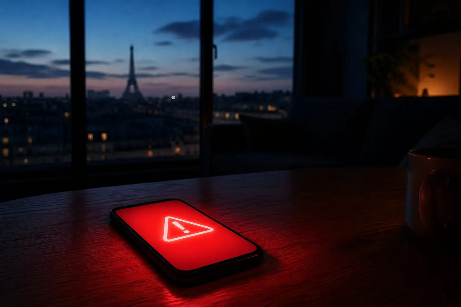 Smartphone posé sur une table, écran rouge d’alerte, salon à la tombée du jour avec la silhouette de Paris en fond.