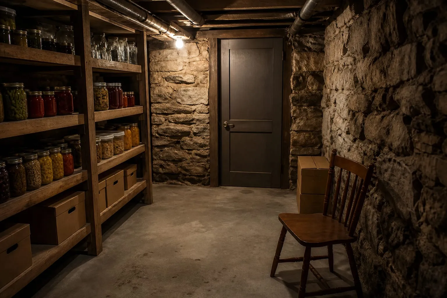 Cave en pierre aménagée en pièce de confinement : étagères de bocaux, cartons, porte intérieure et éclairage sobre.