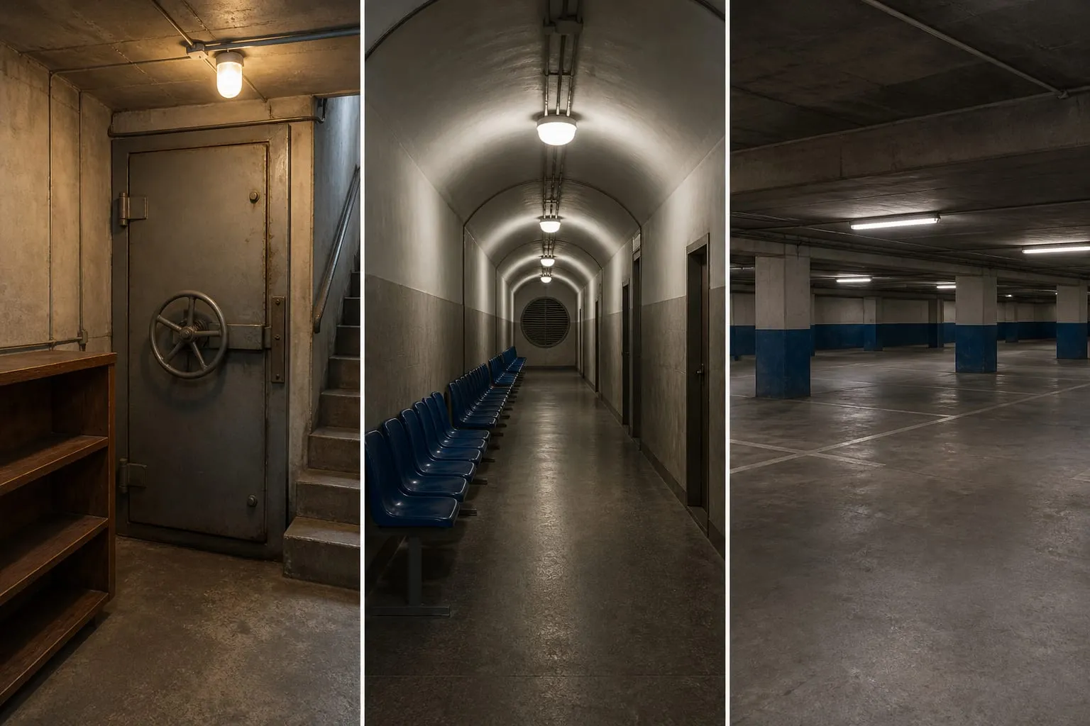 Trois espaces d’abri : porte blindée à volant, couloir voûté institutionnel, et parking souterrain en béton.