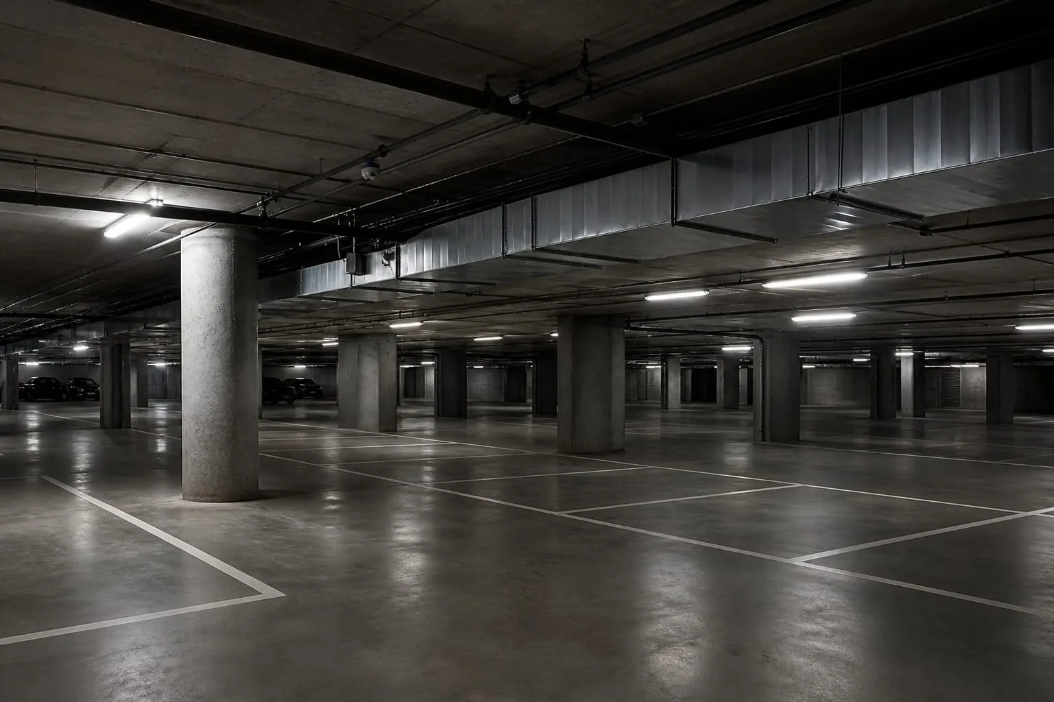 Parking souterrain moderne en béton armé, larges piliers, canalisations apparentes et éclairage fluorescent.