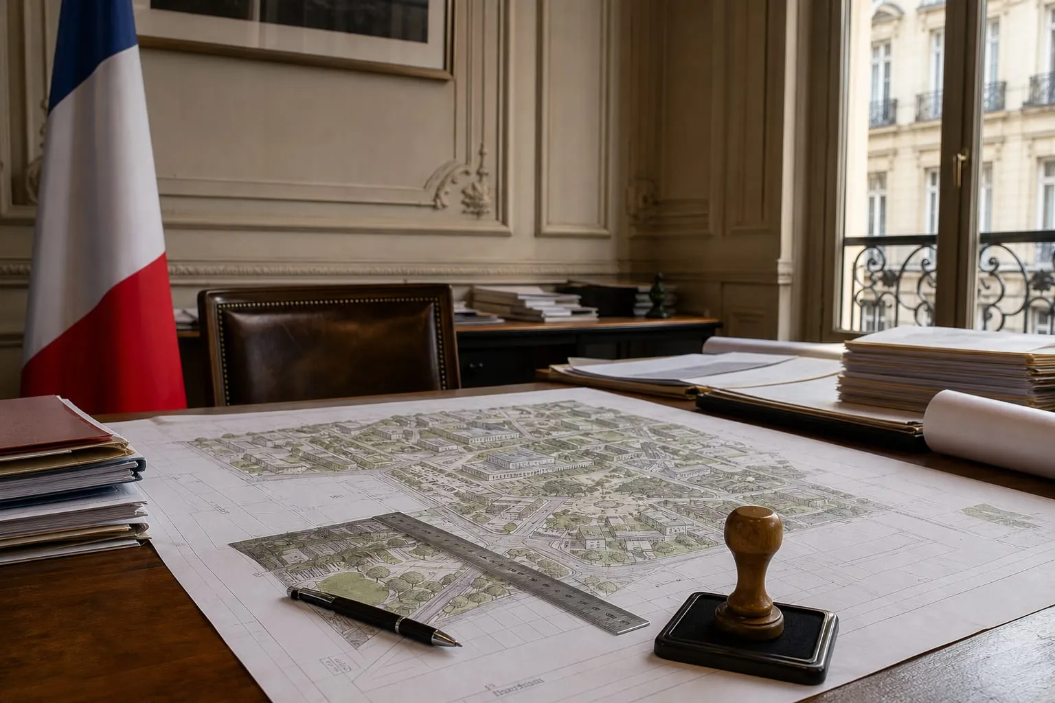 Plan d’urbanisme et tampon officiel sur un bureau d’administration française, drapeau tricolore en arrière-plan.