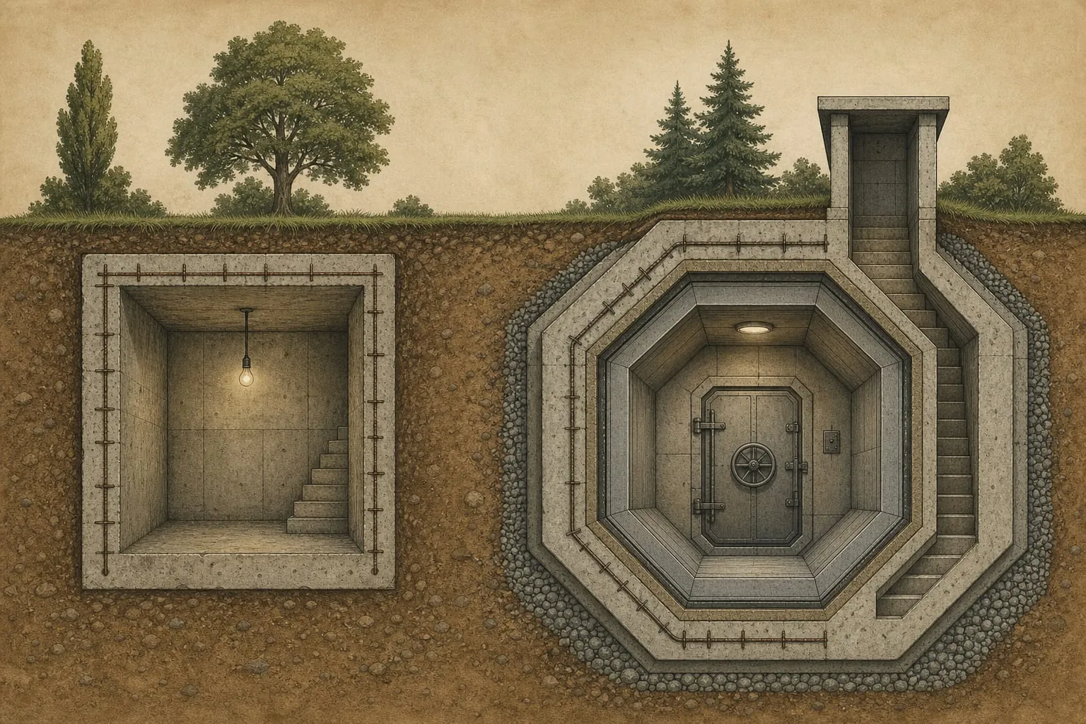Schéma en coupe comparant une cave bétonnée simple et un abri NRBC octogonal à parois épaisses, porte blindée et drainage.