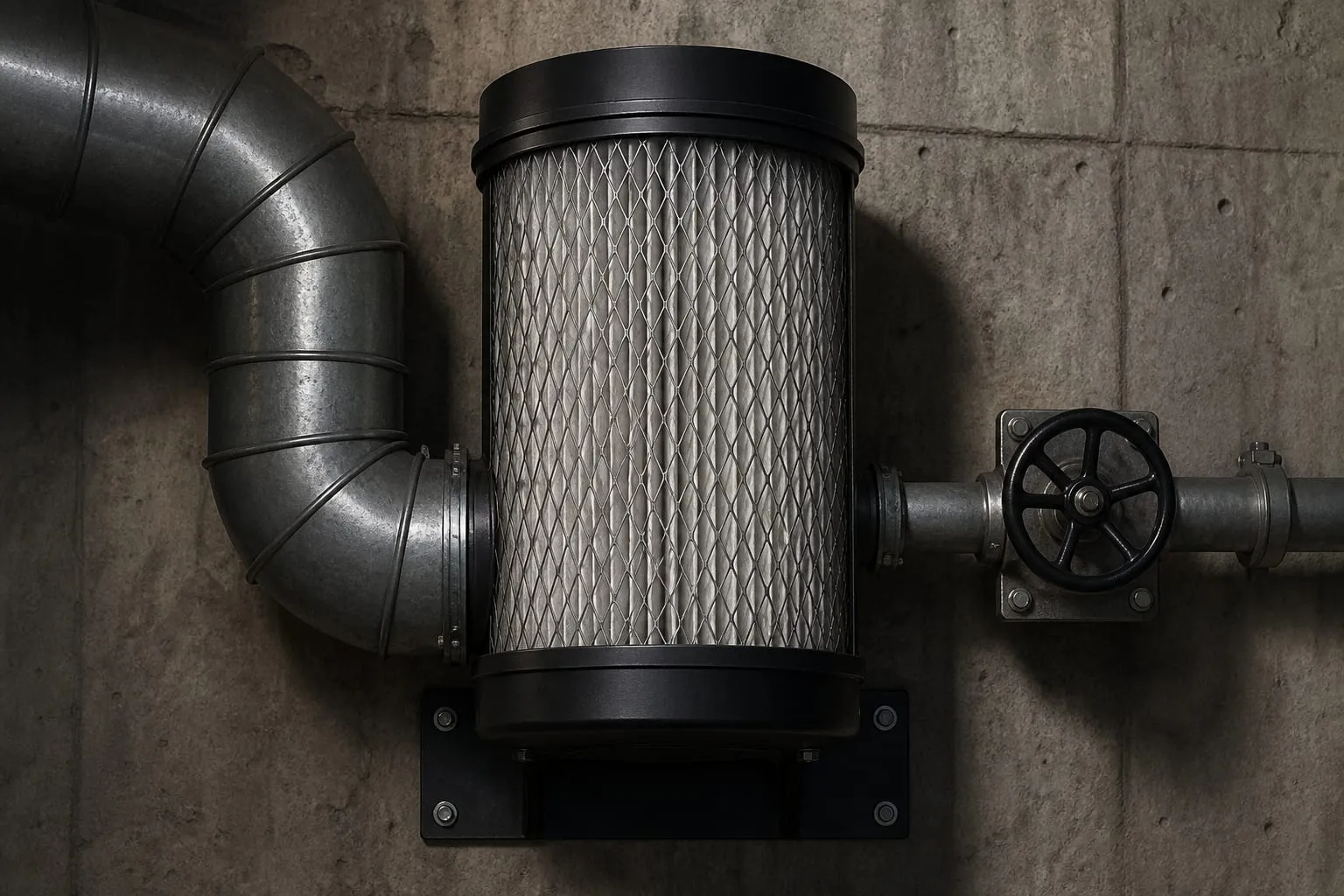 Filtre d’air cylindrique, conduits en acier galvanisé et vanne à volant montés sur un mur de béton.
