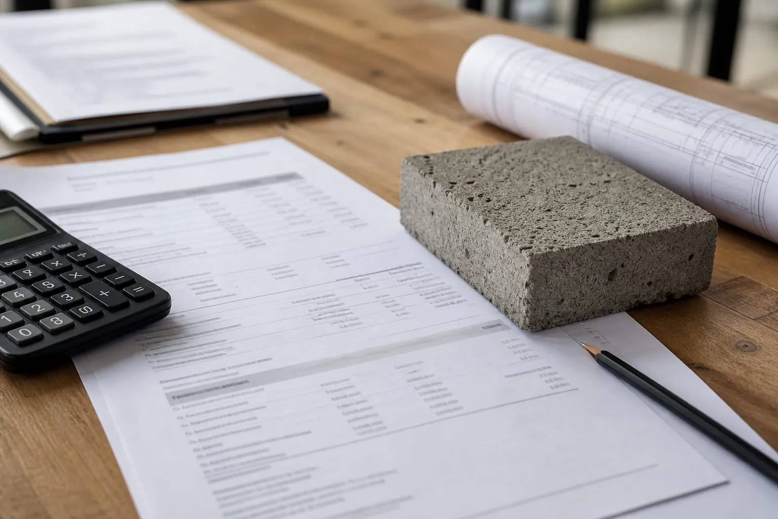 Devis, calculatrice et échantillon de béton sur une table de travail, pour les postes de coût d’un ouvrage.