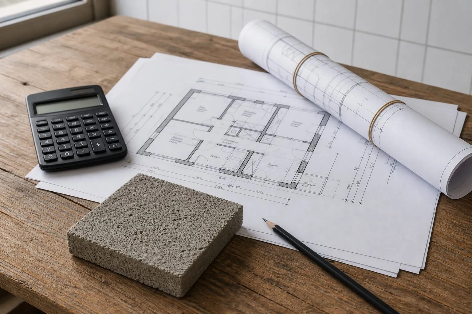 Plans d’architecte, calculatrice et carotte de béton sur un bureau en bois, pour un cahier des charges de construction.