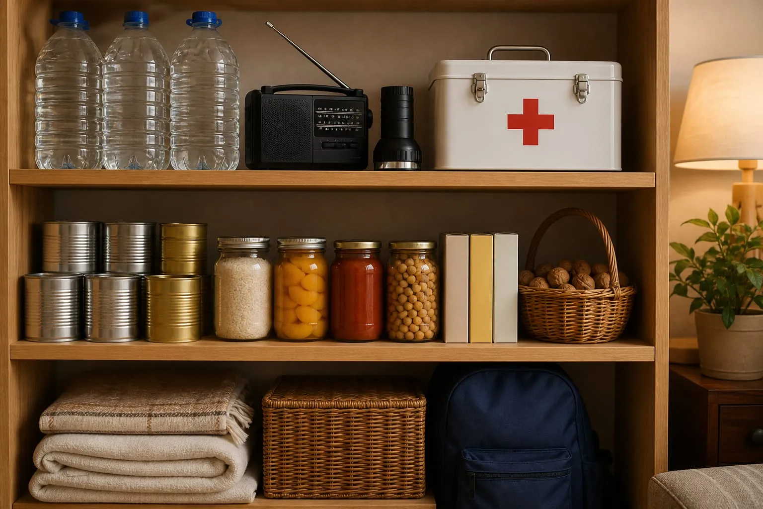 Étagère en bois garnie de jerricans d’eau, radio, lampe, pharmacie et conserves pour un kit de confinement familial.