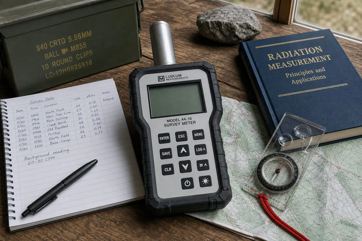 Radiamètre portatif, carnet de mesures, carte et boussole posés sur une table en bois.