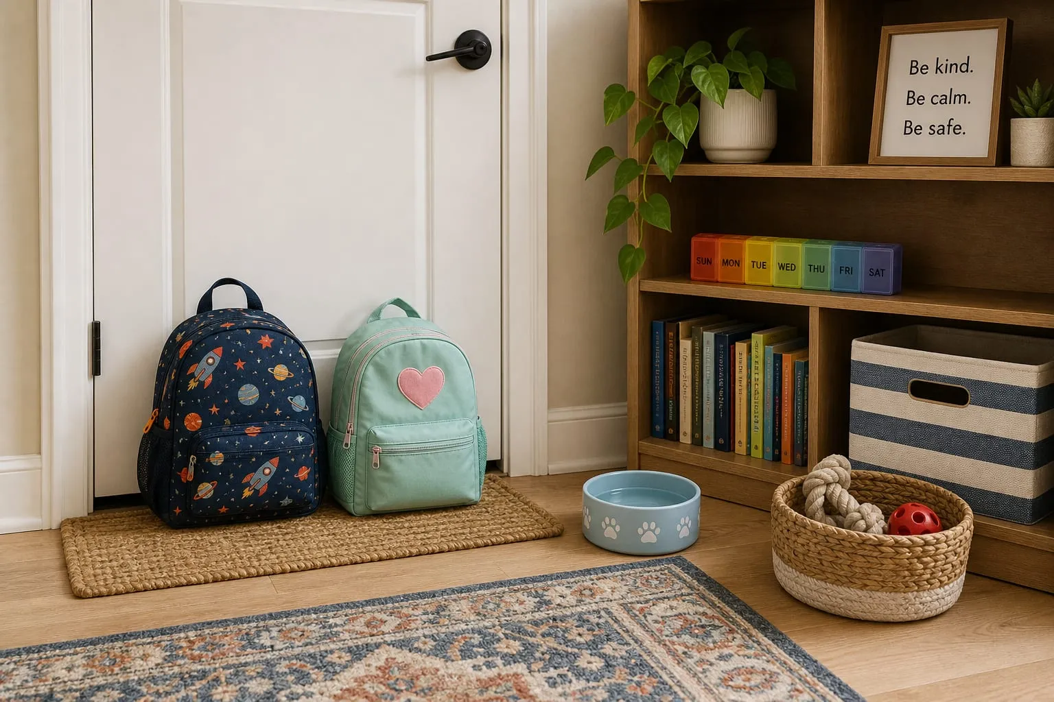Entrée de maison avec deux sacs d’enfants, gamelle pour animal et pilulier hebdomadaire sur une étagère.