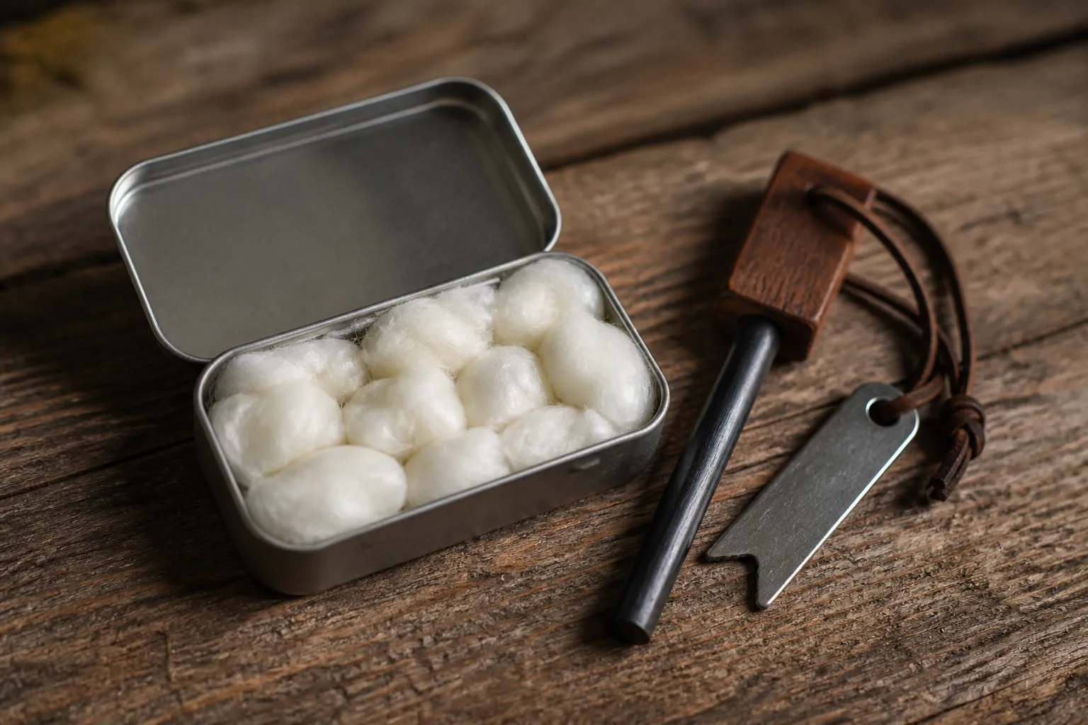 Boîte de coton vaseliné et firesteel sur une table en bois