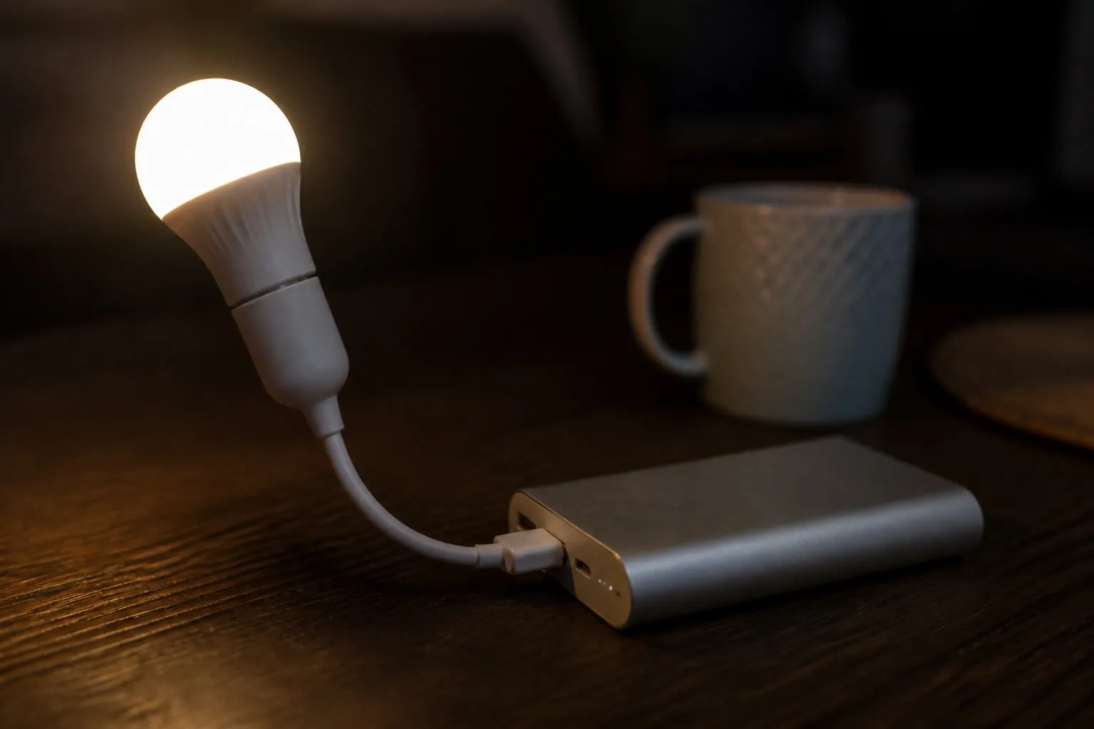 Ampoule USB branchée sur une batterie externe