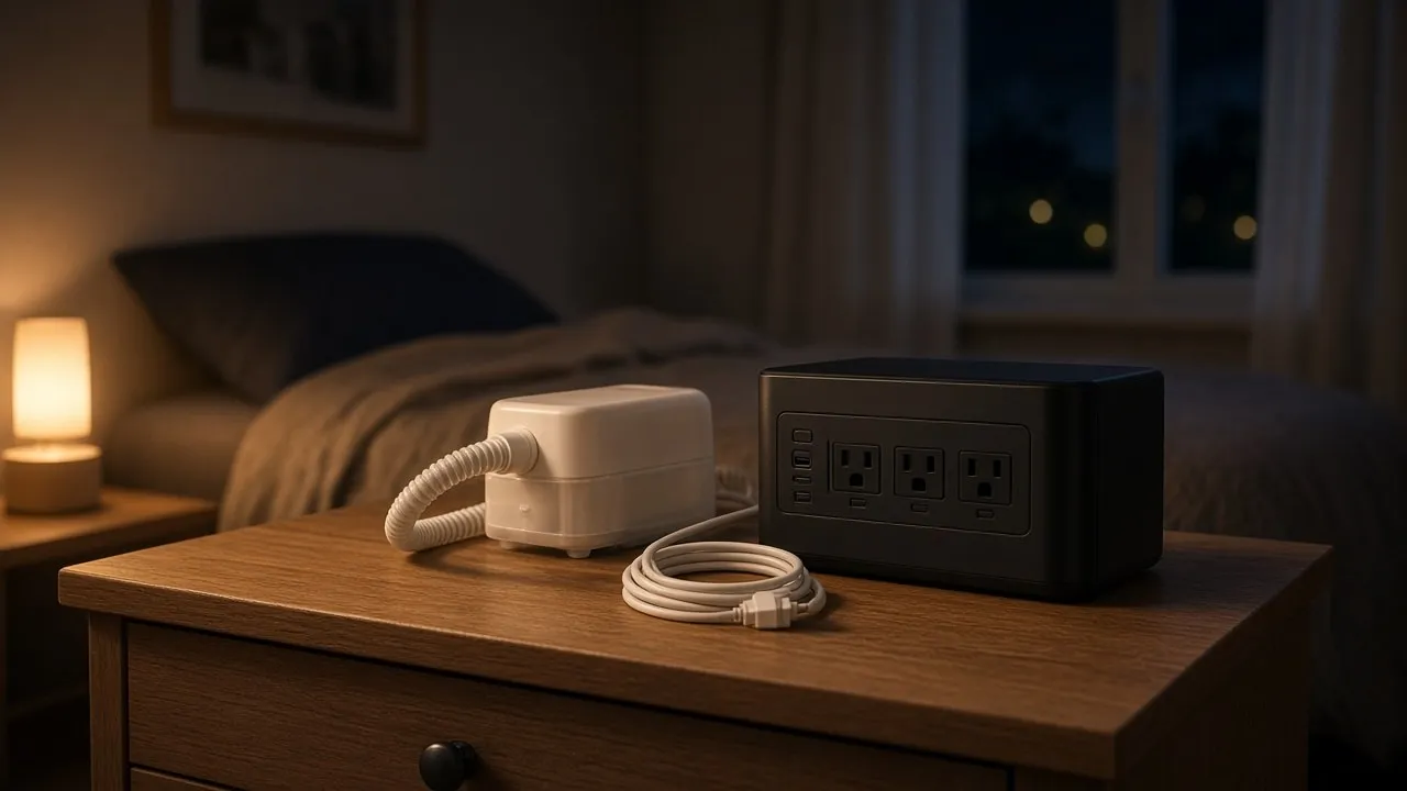 Station portable et appareil de ventilation nocturne sur une table de nuit, prêts pour une coupure