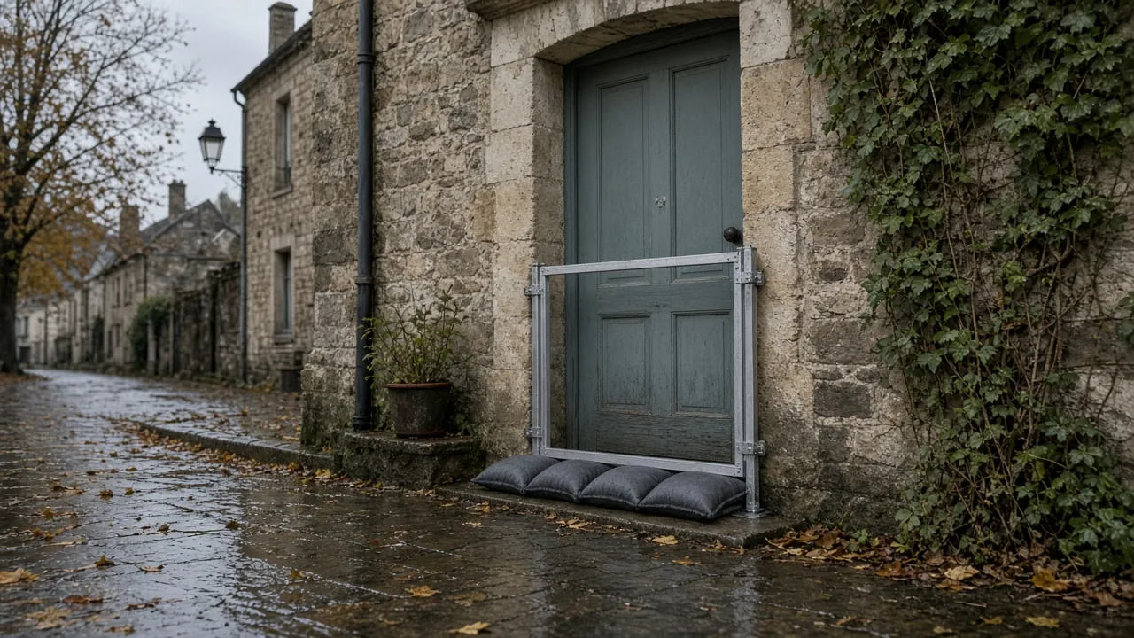 Porte d'entrée grise d'une maison en pierre protégée par un batardeau en aluminium et une rangée de sacs anti-inondation gris, dans une rue pavée mouillée couverte de feuilles d'automne