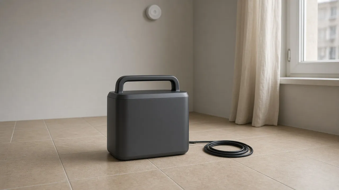 Station électrique portable posée sur un carrelage dégagé, câble enroulé à côté, détecteur de fumée au plafond