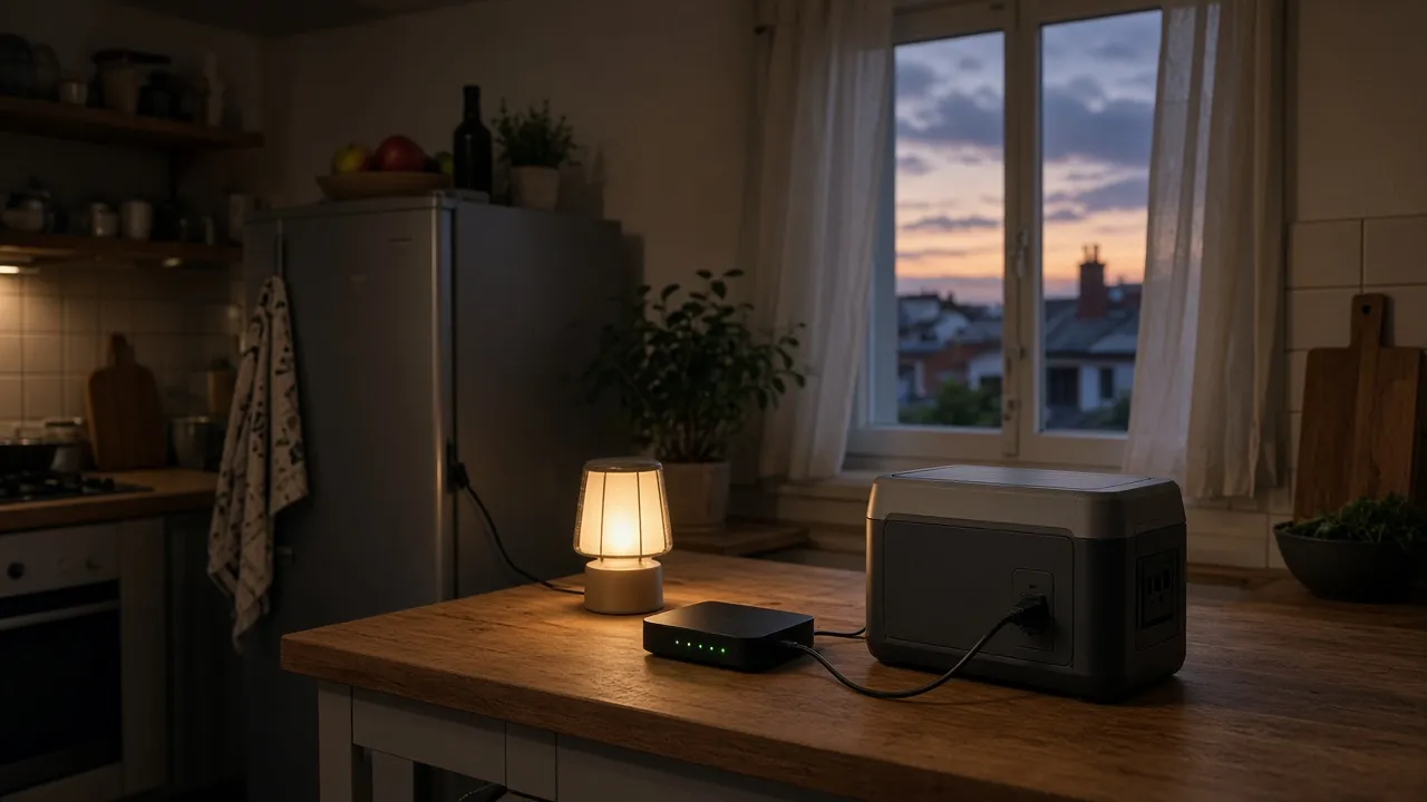 Station électrique portable gris et noir posée sur le plan de travail en bois d'une cuisine à la tombée de la nuit, reliée par un câble à une petite lampe allumée et à une box internet aux voyants verts, devant un réfrigérateur et une fenêtre ouverte sur les toits au crépuscule