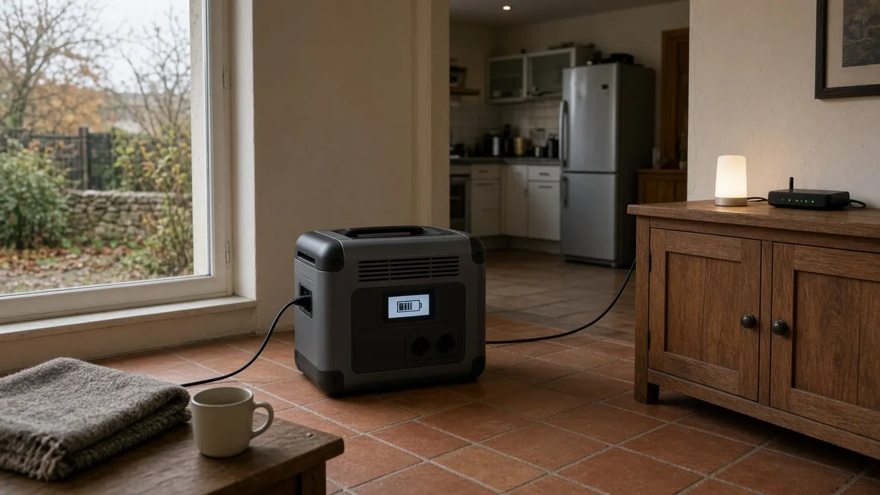 Station électrique portable grise et noire posée sur le carrelage d'un séjour, reliée par des câbles à une lampe allumée et à une box internet sur un buffet en bois, avec le réfrigérateur de la cuisine au fond, une fenêtre donnant sur un jardin d'automne sous un ciel gris, un plaid plié et une tasse au premier plan