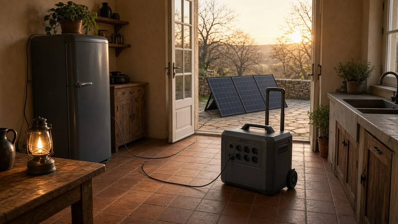 Station électrique portable à roulettes posée sur le carrelage d'une cuisine, reliée par un câble à un panneau solaire pliable déplié sur la terrasse, devant une porte-fenêtre ouverte sur un jardin au coucher du soleil, un réfrigérateur et une lanterne allumée au premier plan