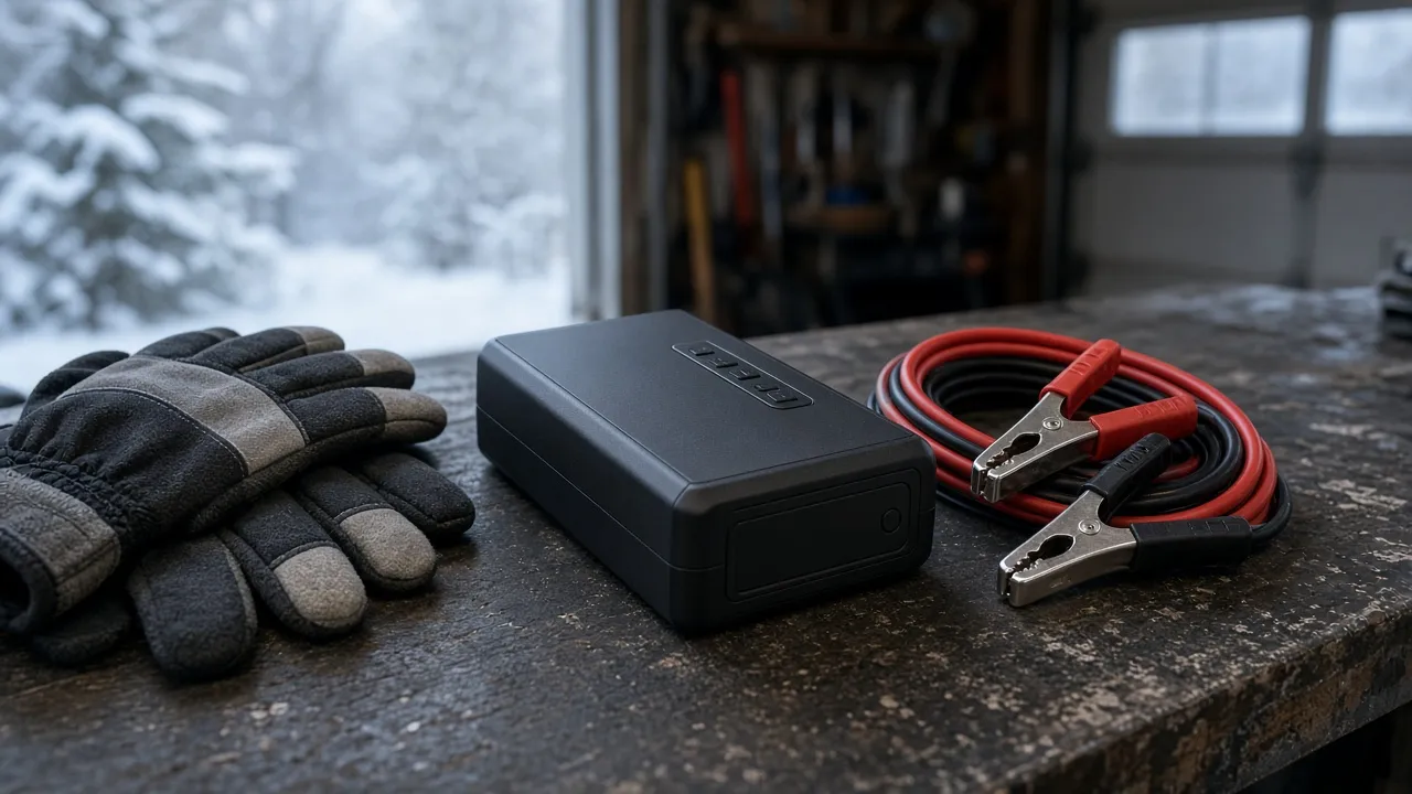 Allée de garage au petit matin d'hiver, capot de citadine relevé, pinces rouge et noire posées sur la batterie, booster lithium noir et orange à côté, givre sur le pare-brise et la haie, maison de banlieue aux fenêtres allumées et ciel pâle