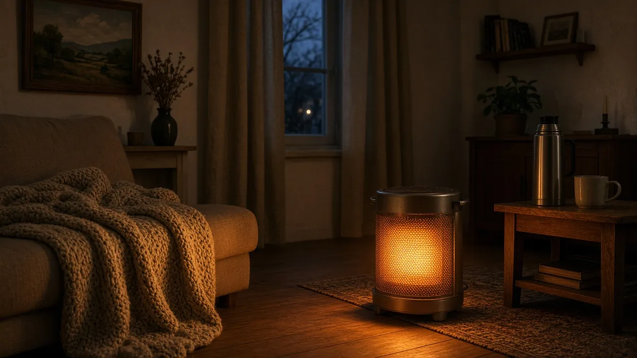 Poêle d'appoint cylindrique allumé au sol d'un salon le soir, à côté d'un canapé couvert d'un plaid en laine et d'une table basse avec thermos et tasse
