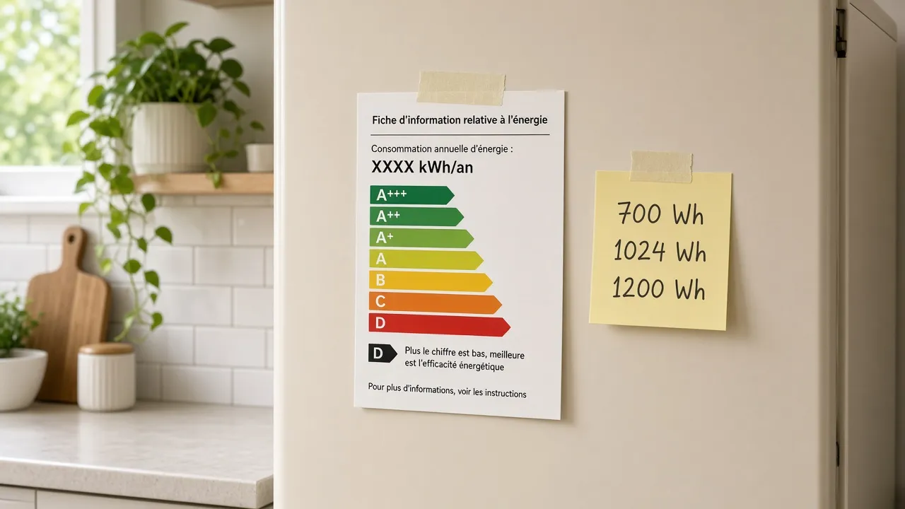 Frigo ménager avec étiquette énergie et notes Wh pour dimensionner une station en coupure