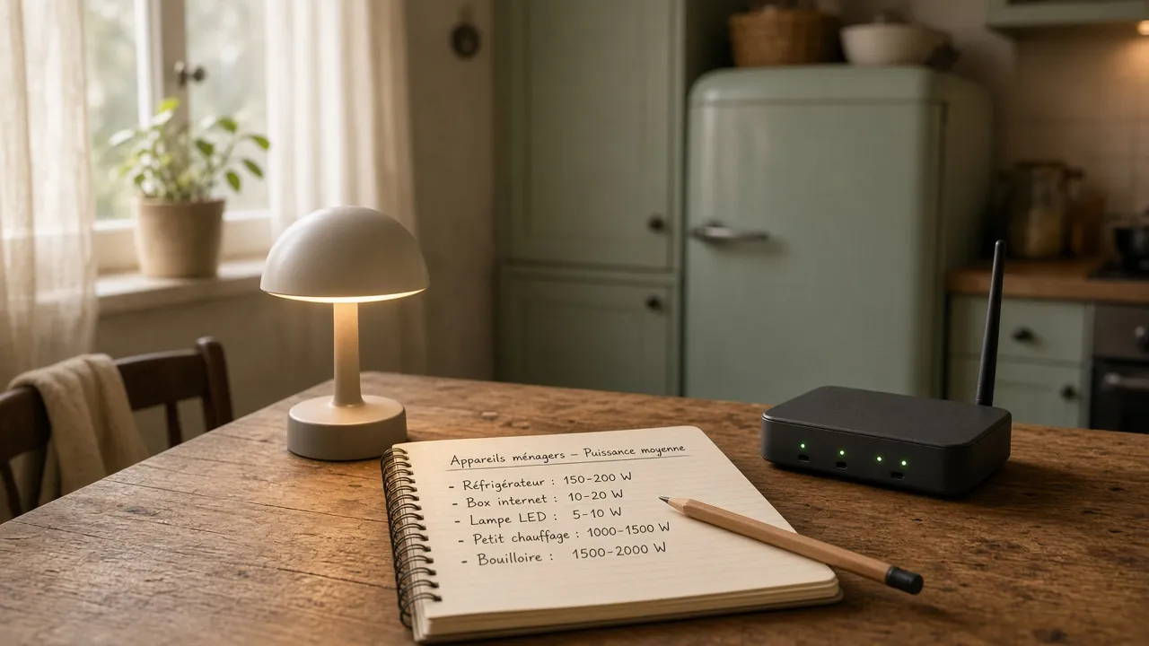 Carnet posé sur une table de cuisine avec les watts de chaque appareil notés à la main, lampe et box internet en arrière-plan