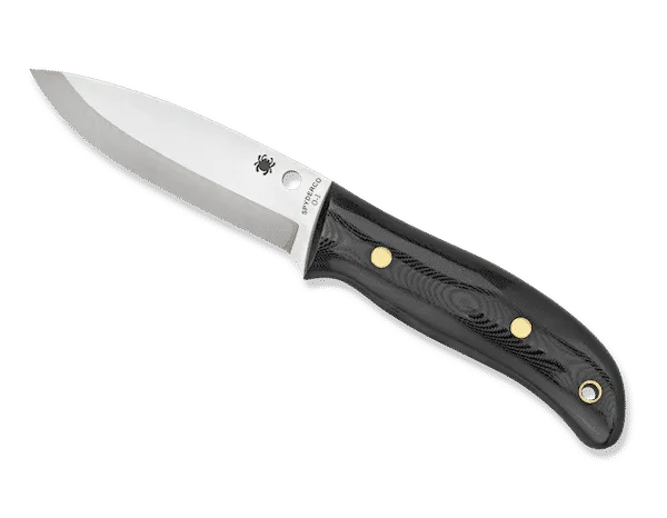 Spyderco Bushcraft, lame satin au grind scandinave marquée O-1, plaquettes noires et rivets laiton