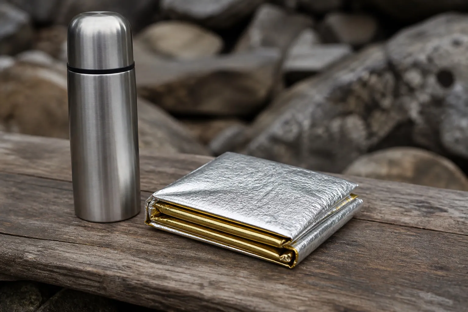 Couverture de survie pliée à côté d'un thermos