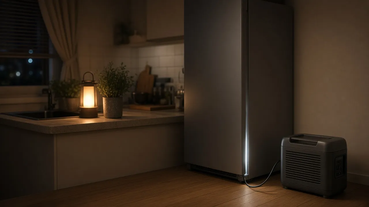 Station électrique portable posée au sol dans une cuisine éclairée à la lanterne pendant une coupure, reliée au réfrigérateur