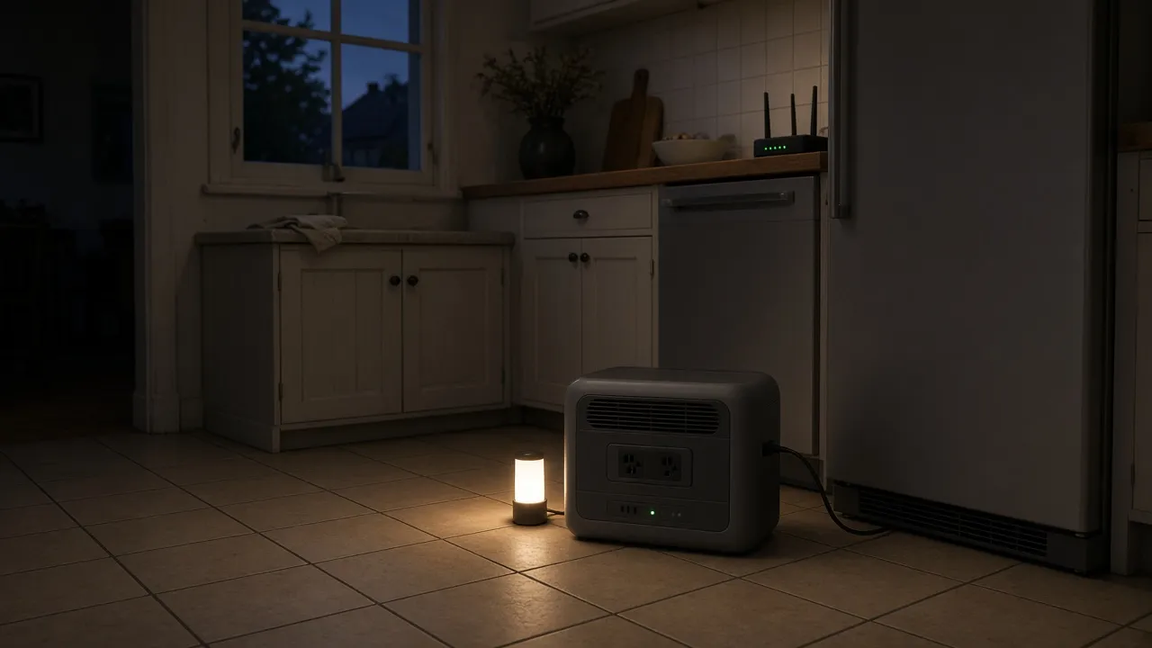 Station électrique portable grise posée sur le carrelage d'une cuisine plongée dans le noir, branchée au réfrigérateur et à une petite lampe allumée, avec la box internet encore éclairée sur le plan de travail pendant une coupure de courant