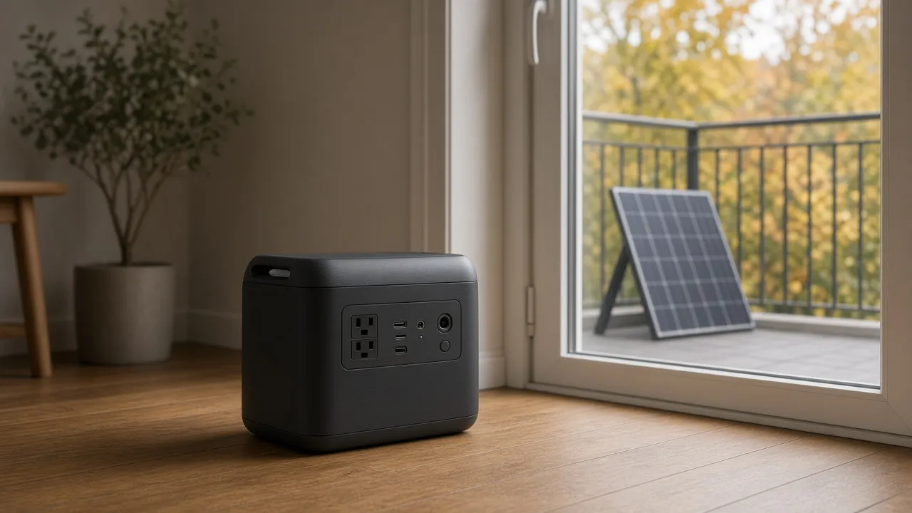 Balcon d'appartement sous un ciel d'automne gris, avec une jardinière en bois, deux panneaux solaires rigides inclinés sur la rambarde, un micro-onduleur noir fixé au garde-corps et une station électrique portable noire posée au sol, reliée par des câbles, devant des immeubles en pierre et des toits de zinc