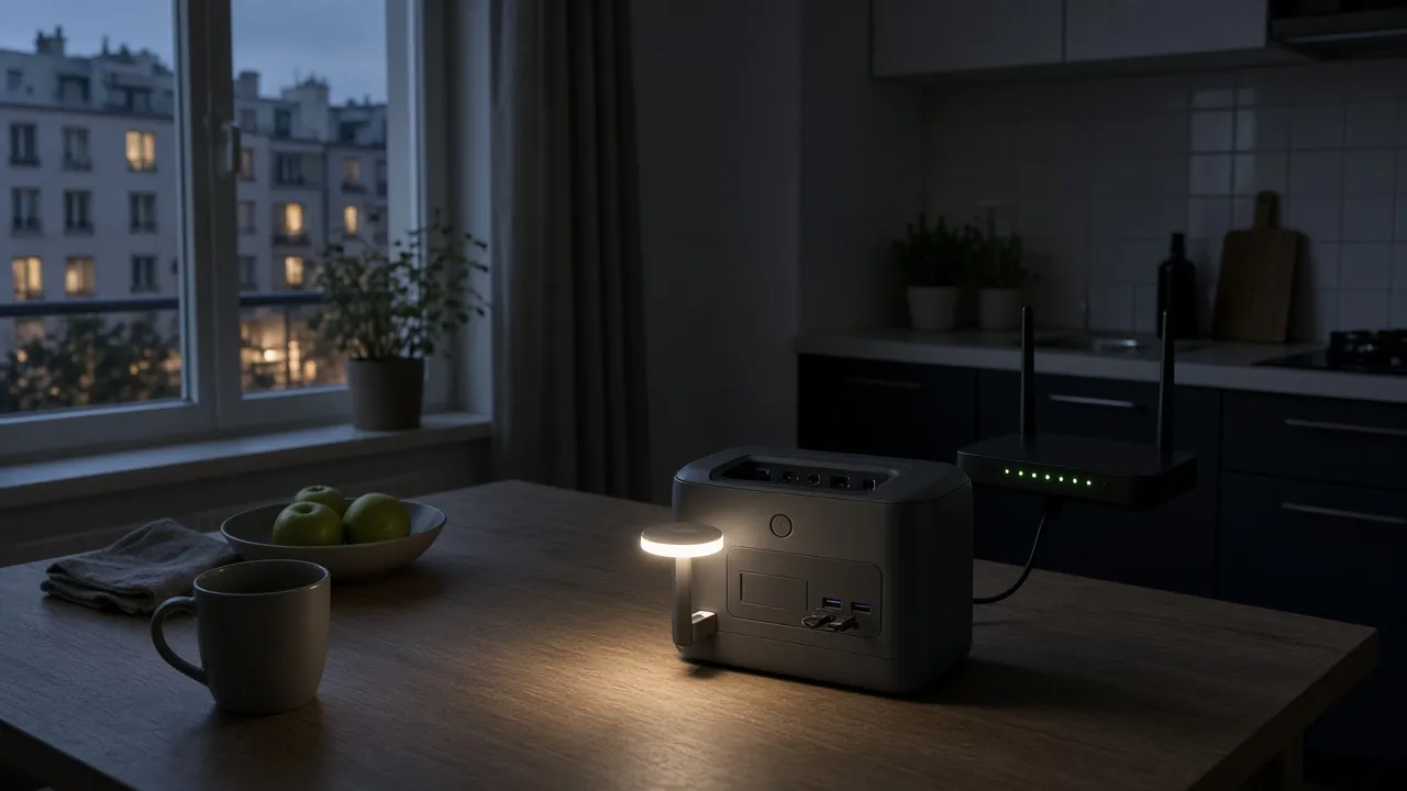 Station portable avec LED allumée et box internet sur une table de cuisine pendant une coupure de courant