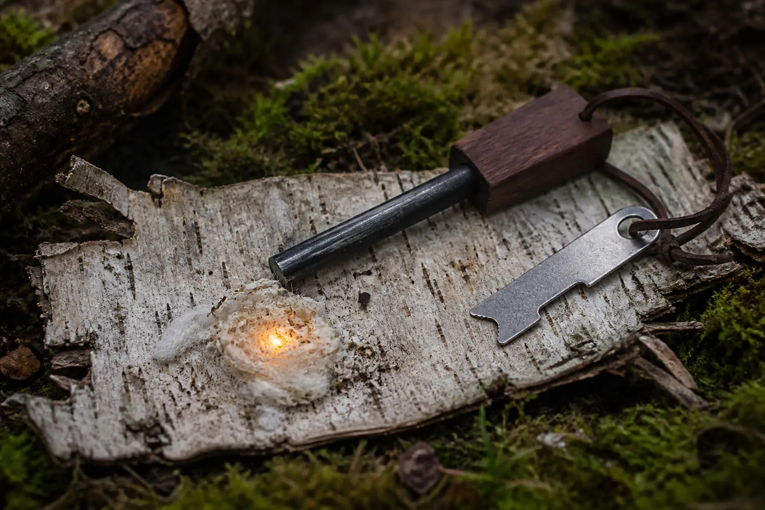 Firesteel et amorce sur écorce de bouleau