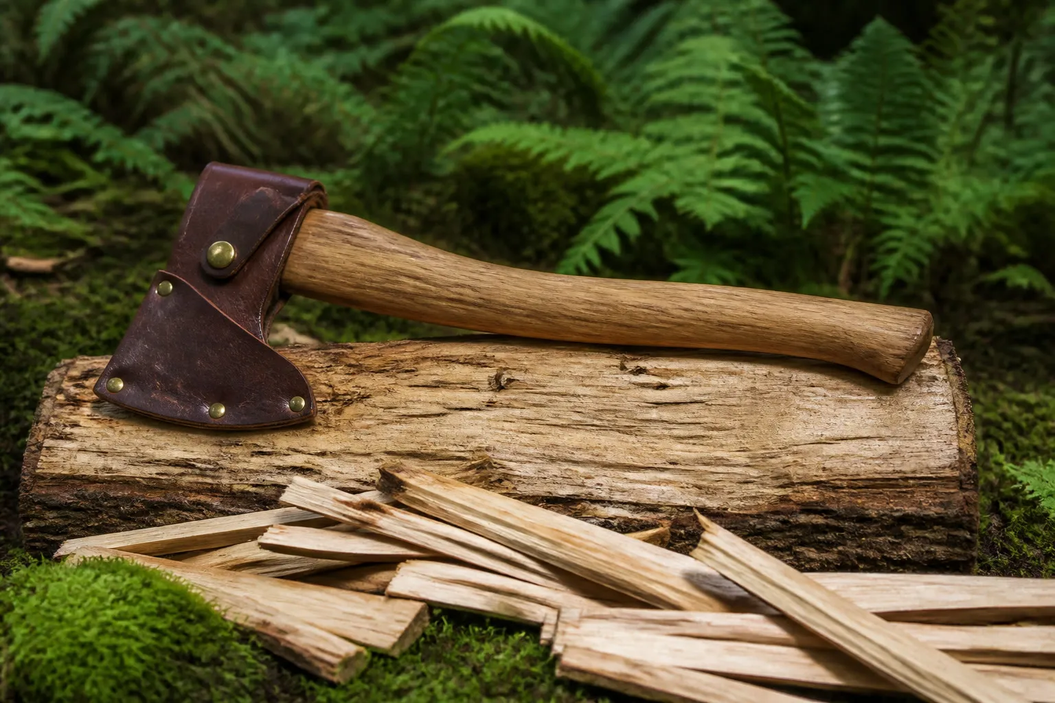 Hachette dans son fourreau sur une bille de bois