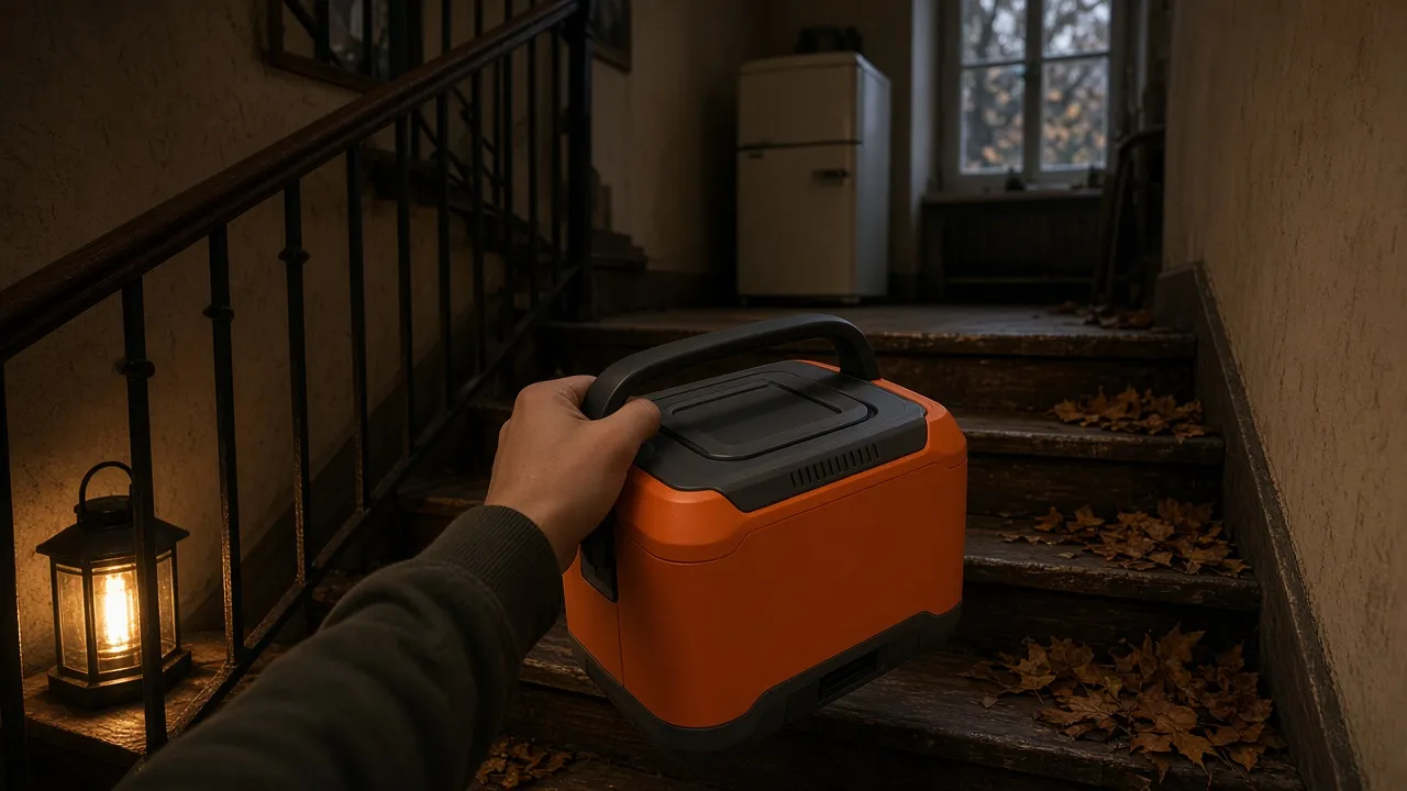 Main tenant par sa poignée une station électrique portable orange dans l'escalier sombre d'un vieil immeuble pendant une coupure de courant, une lanterne allumée posée sur une marche et des feuilles d'automne tombées sur les degrés