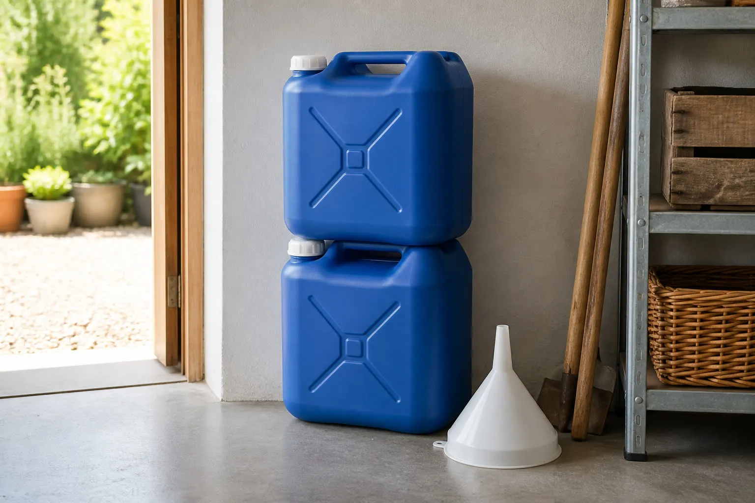 Jerricans d’eau potable bleus empilés