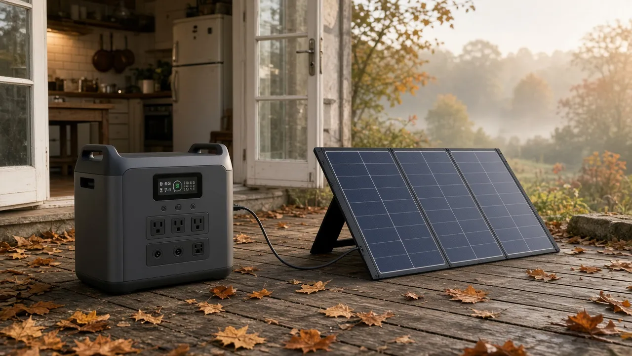 Station électrique portable grise et panneau solaire noir déplié sur son support, reliés par un câble, posés sur une terrasse en bois couverte de feuilles mortes devant une porte-fenêtre ouverte sur la cuisine, par un matin d'automne brumeux