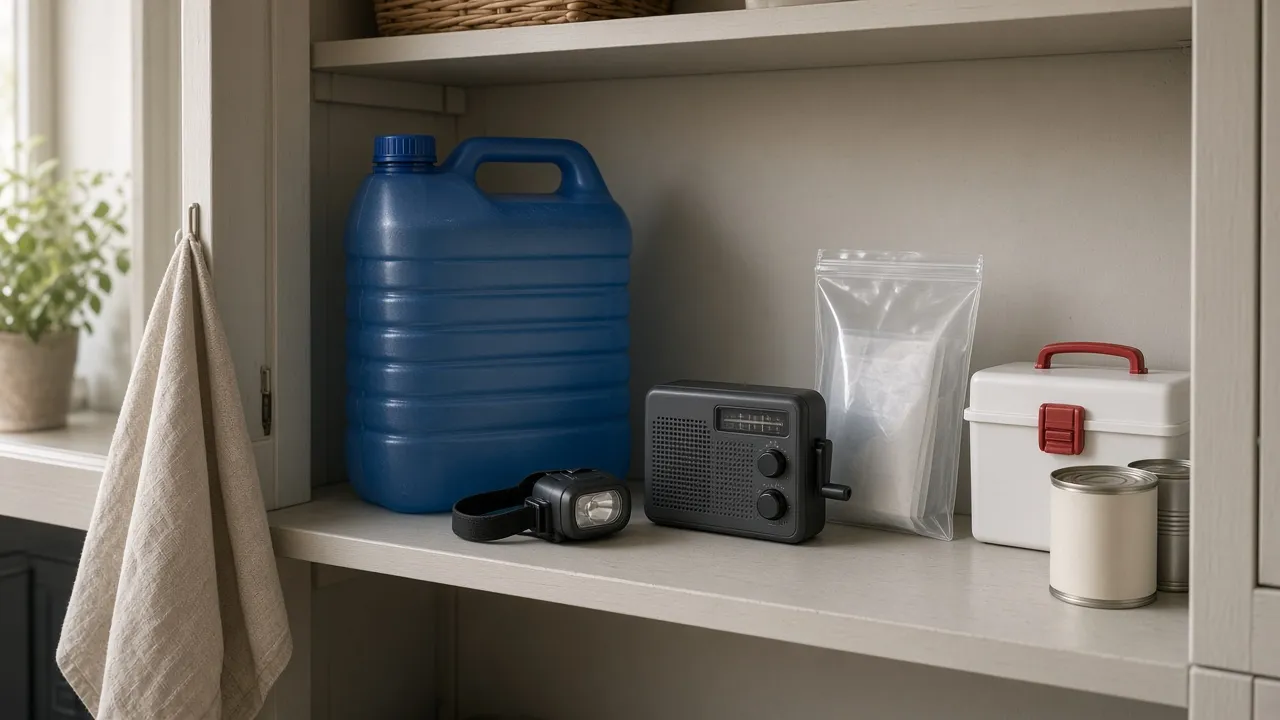 Étagère foyer avec jerrican d'eau, lampe, radio, documents et conserves pour un kit d'urgence maison