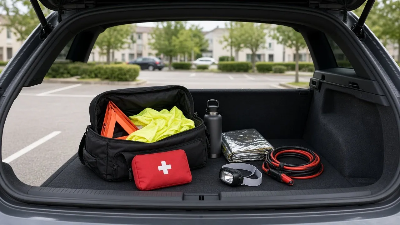 Coffre de voiture avec kit d'urgence : gilet, triangle, trousse, eau, couverture, frontale