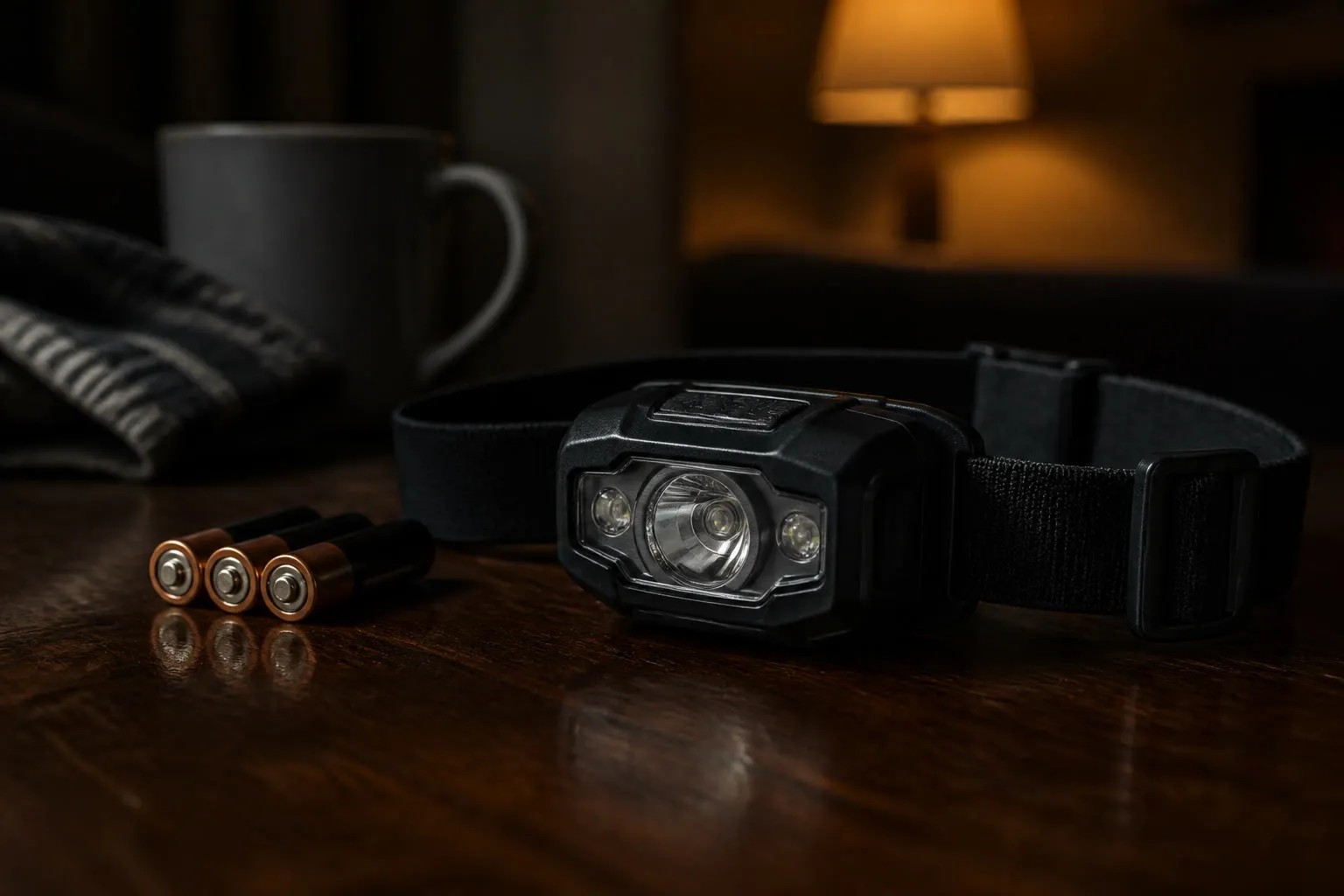 Lampe frontale et piles sur une table en bois