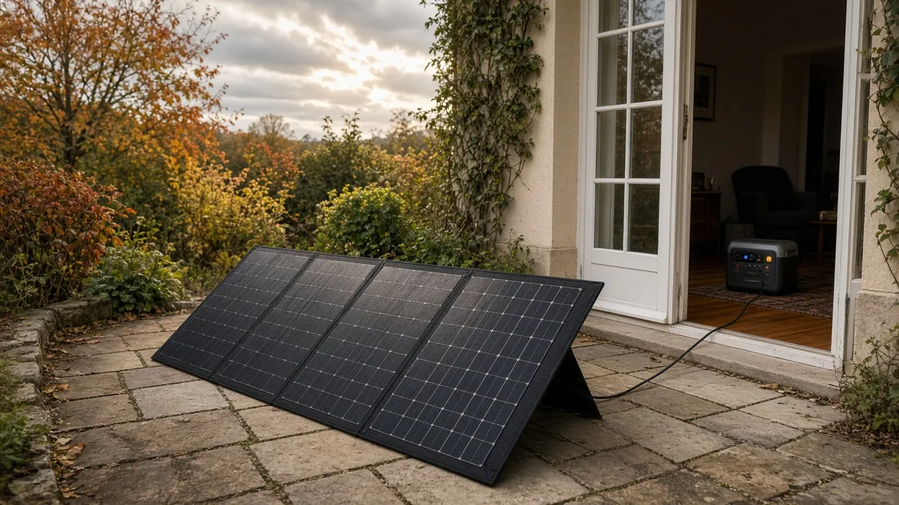Panneau solaire pliable à quatre volets déplié sur une terrasse dallée en automne, relié par un câble noir à une station électrique portable posée au sol d'un salon sans lumière, derrière une porte-fenêtre ouverte
