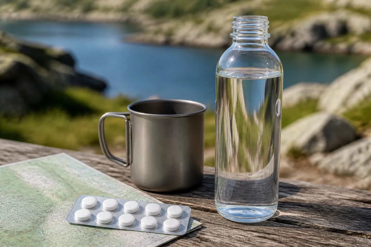 Pastilles de purification à côté d’une bouteille
