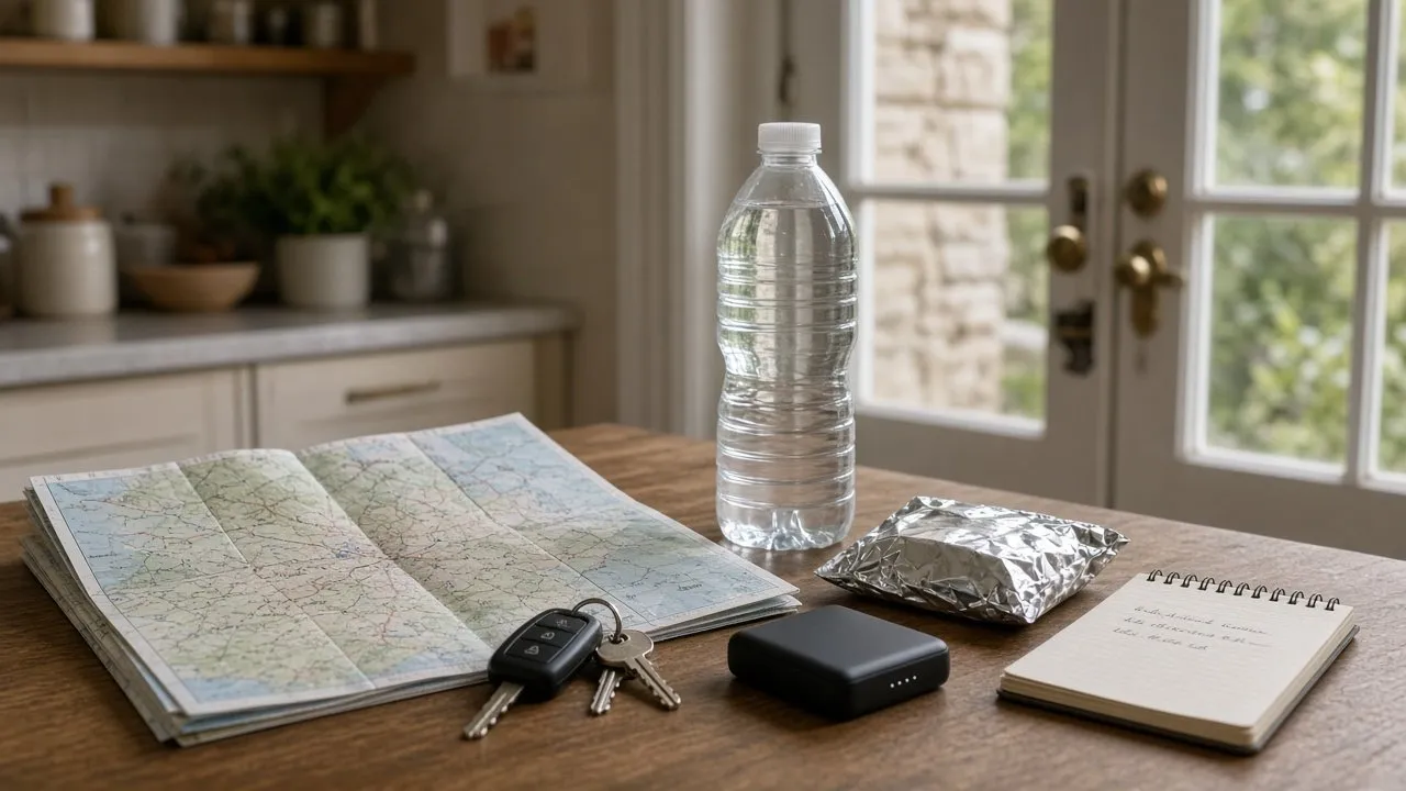 Carte routière, clés de voiture, bouteille d'eau et powerbank préparés avant un départ