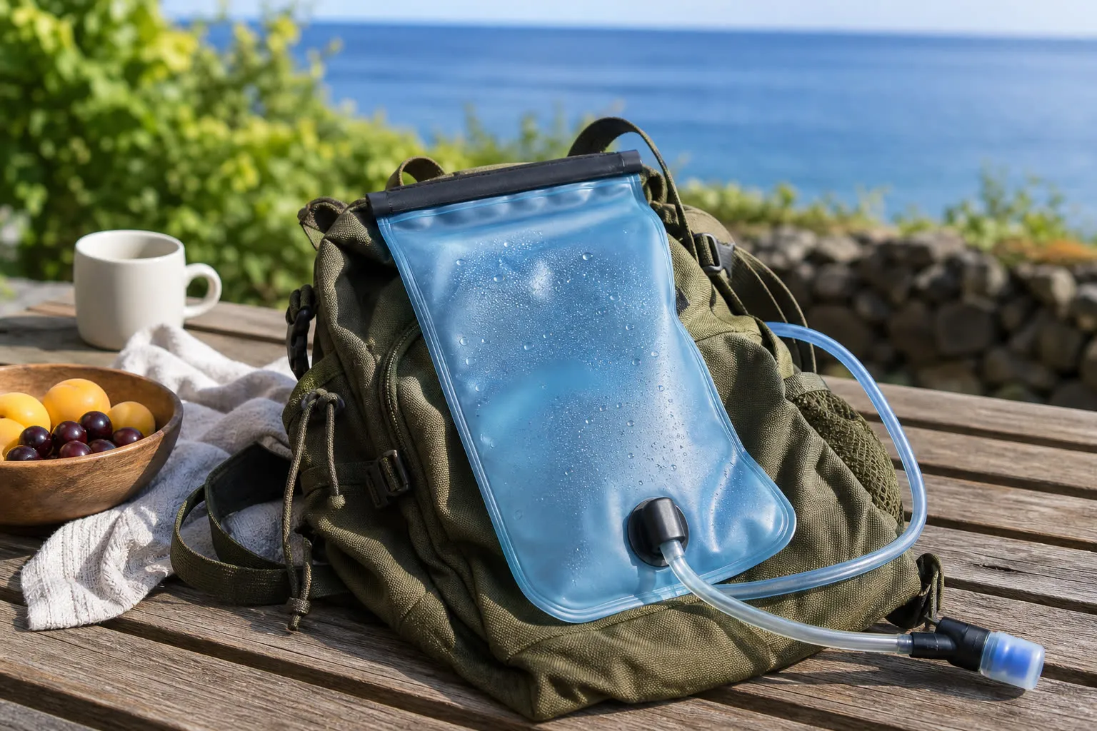 Poche à eau souple sur un sac à dos