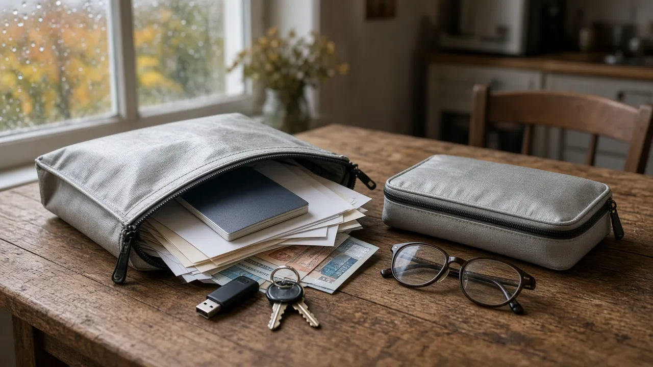 Pochette grise en tissu technique ouverte sur une table de cuisine en bois ancien, laissant dépasser une liasse de papiers, un carnet sombre et quelques billets, avec devant elle une clé USB et un trousseau de deux clés, et à côté une seconde pochette grise fermée et une paire de lunettes, devant une fenêtre couverte de gouttes de pluie donnant sur des arbres d'automne
