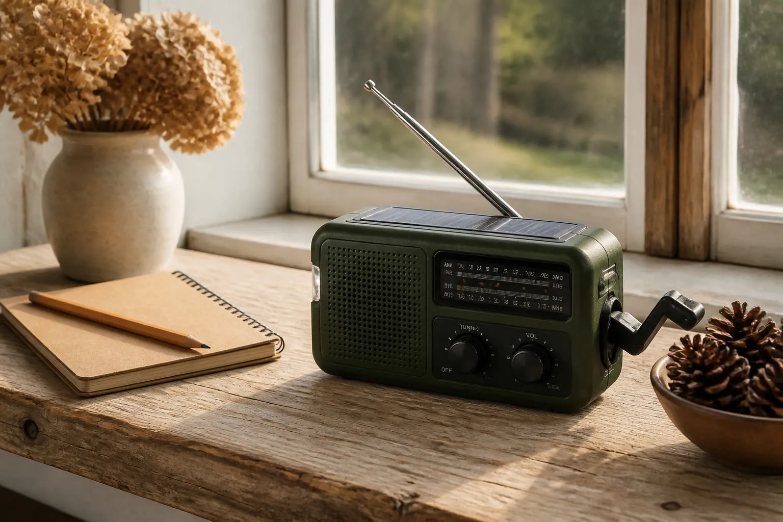 Radio manivelle sur une étagère près d'une fenêtre