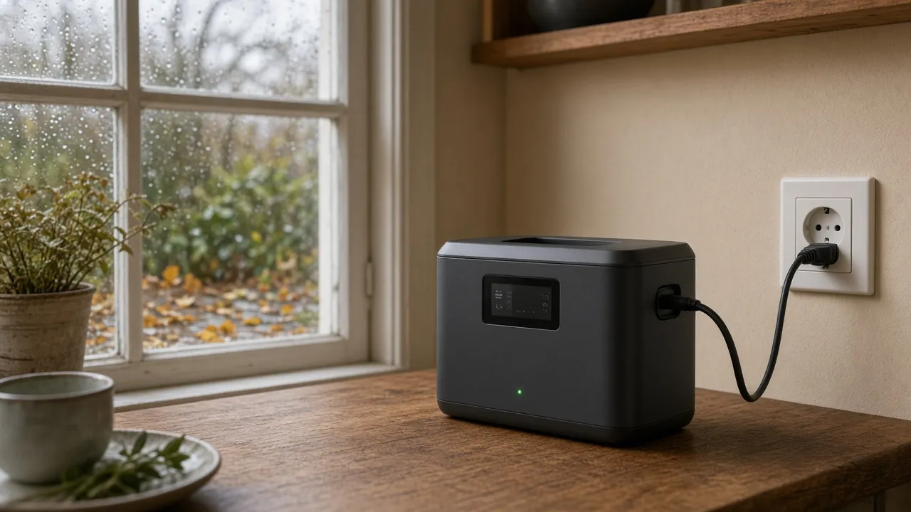 Station électrique portable posée sur un plan de travail en bois et branchée à une prise murale, devant une fenêtre couverte de gouttes de pluie et un jardin aux feuilles d'automne