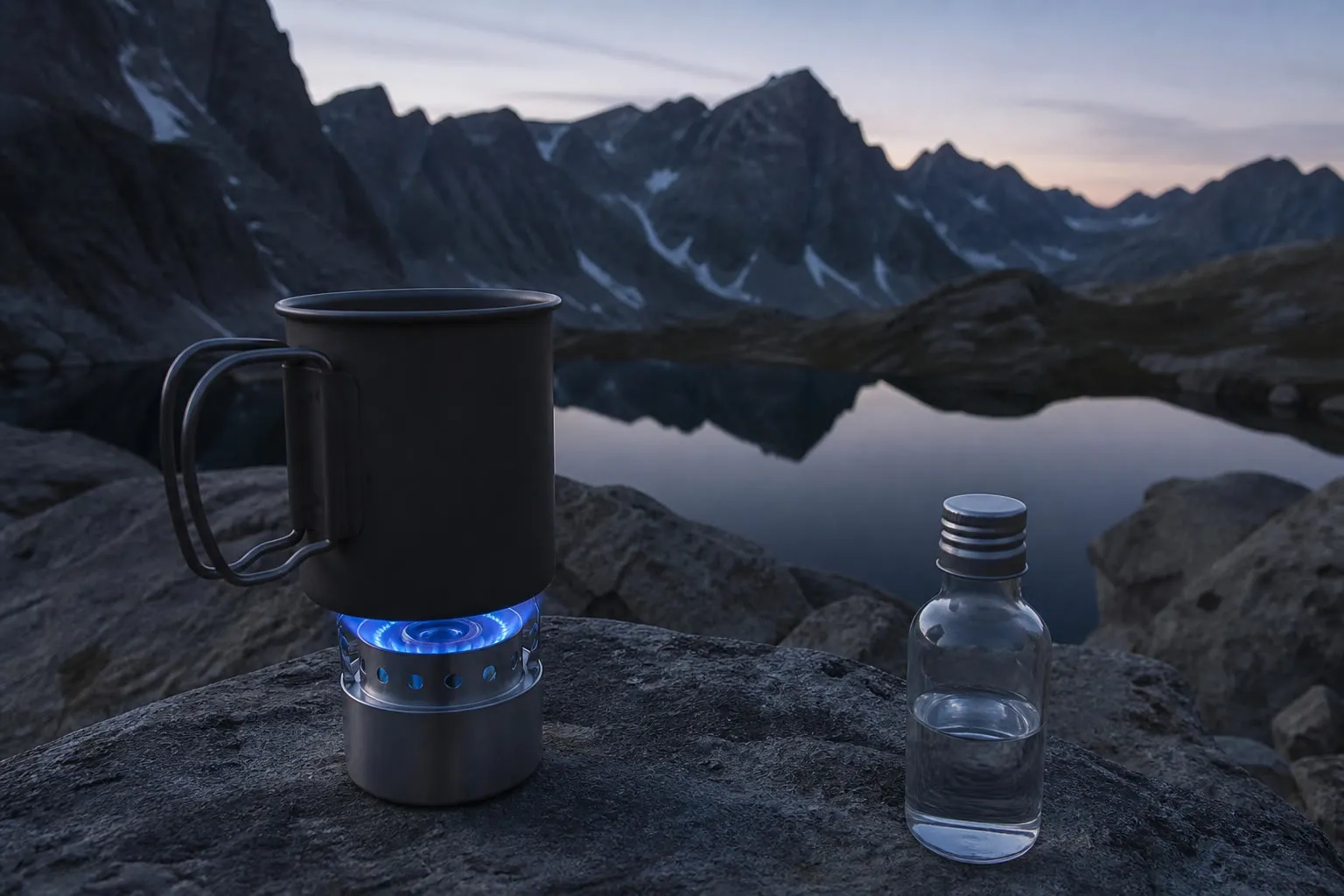 Réchaud à alcool sous une tasse en titane